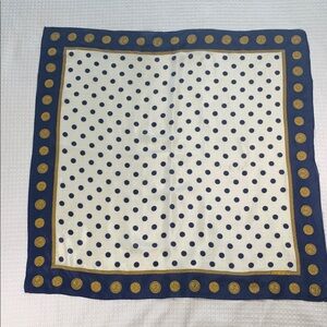 Echo square silk scarf navy, gold, and white
Polka dot print and coin border